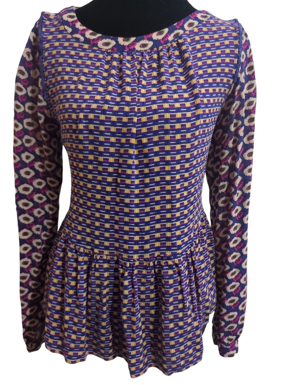 Anthropologie Maeve Peplum Blouse Small Boho Mixed Print Long Sleeve Ruffle Top